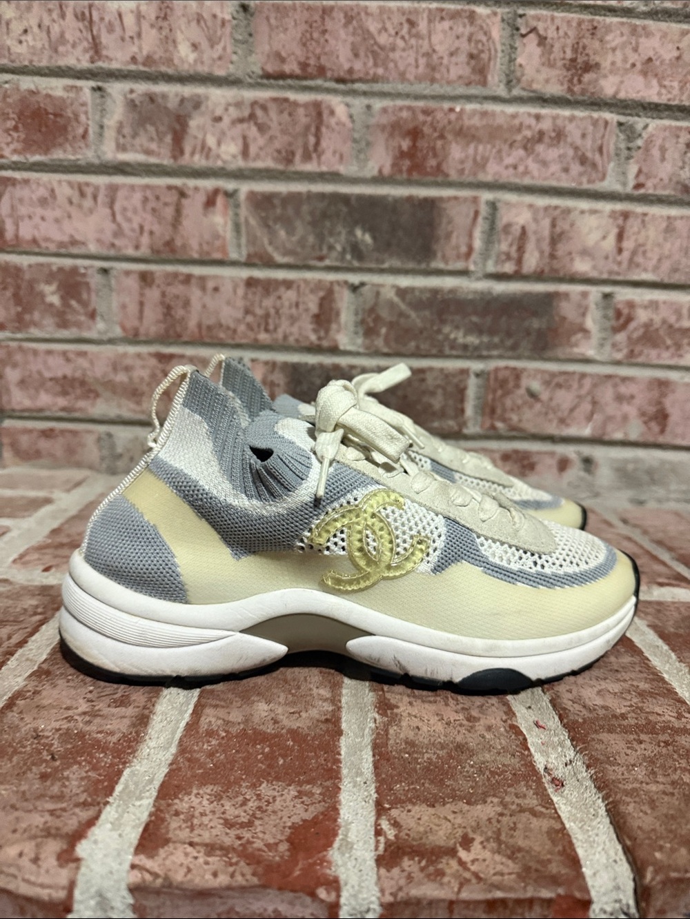 CHANEL Cream & Gray CC Logo Mesh Sock Sneakers size 38